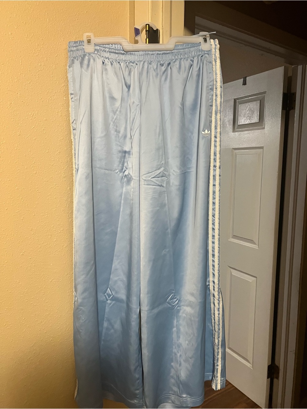 adidas Light Blue Satin Track Pants with White Side Stripes